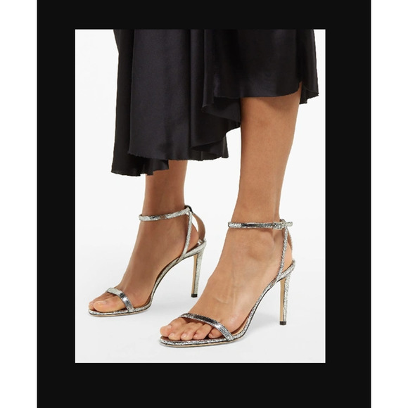 Jimmy Choo Minny 85 Silver Iridescent Glitter Strappy Sandal Heels Women 9 EU 39